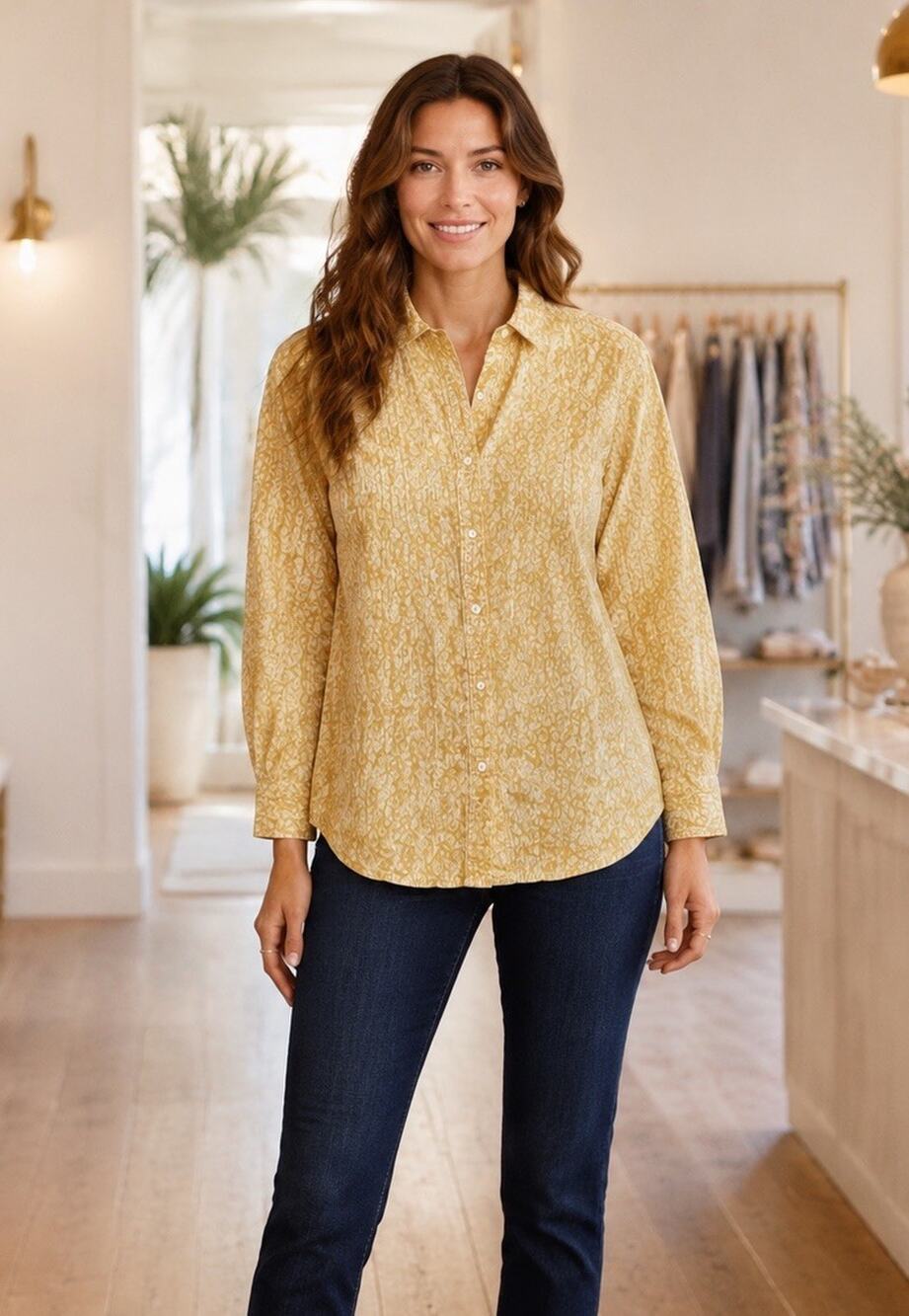 J.McLaughlin Button Down Leopard Print XS Yellow Womens Classic Workwear Shirt